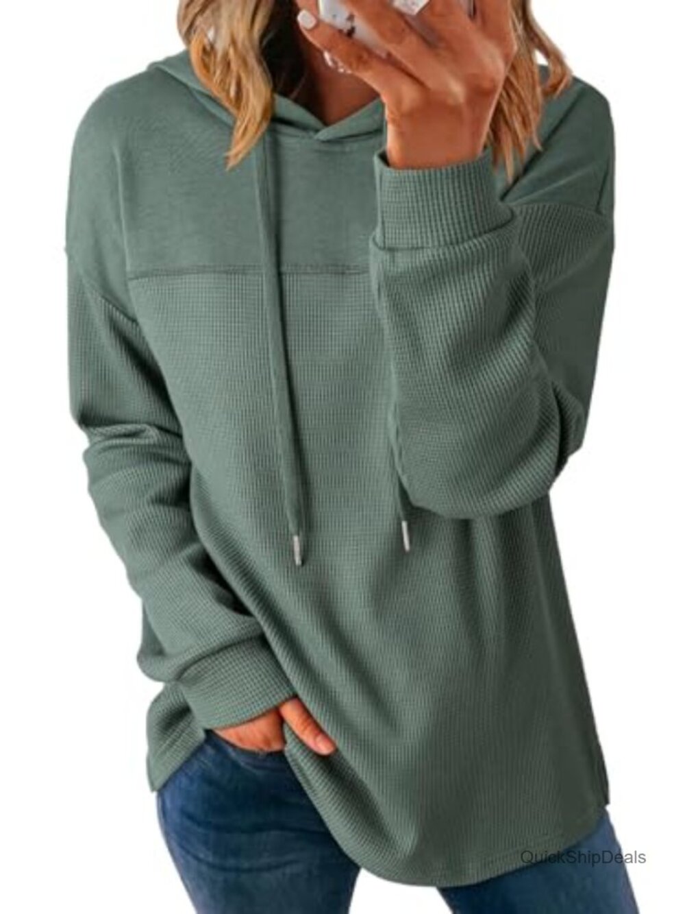 Waffle Knit Hooded Pullover Sweatshirt for Women Long Sleeve